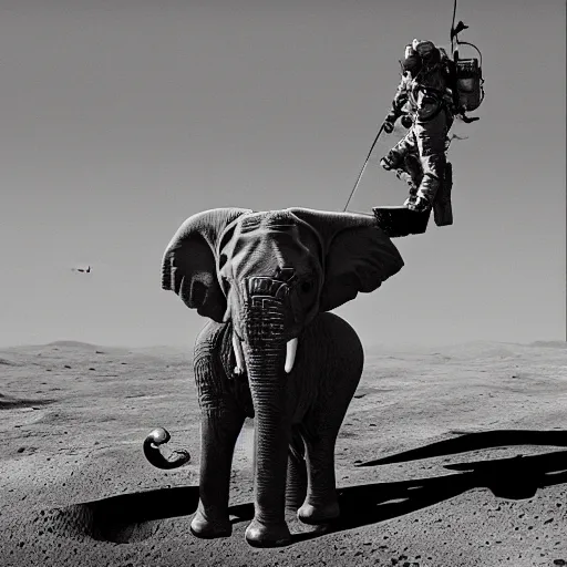 Prompt: a firefighter riding an elephant on the moon