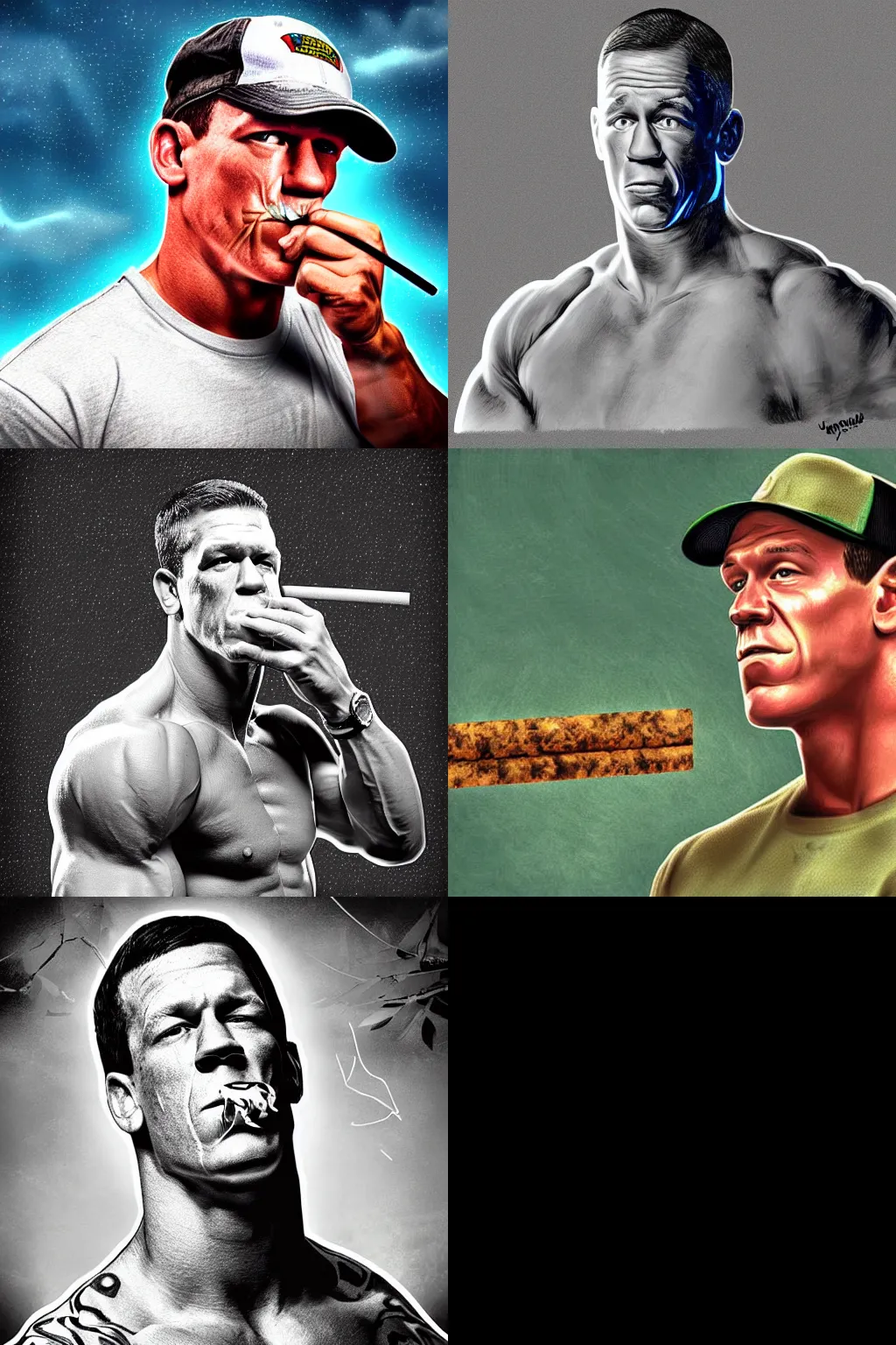 Prompt: John Cena smoking a fat blunt looking at the sky, highly detailed digital art