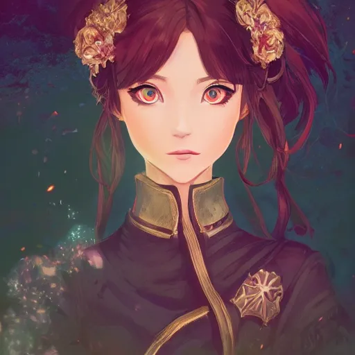 Image similar to portrait of a beautiful girl with dark hair, fantasy style clothing, castle interior background, rich vivid colors, ambient lighting, dynamic lighting, 4k, official media, anime key visual, makoto shinkai, ilya kuvshinov, lois van baarle, rossdraws, detailed, trending on artstation