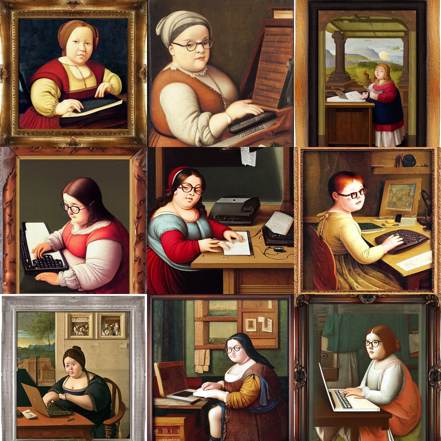 Prompt: a chubby girl with glasses typing by a pc, renaissance, wooden frame