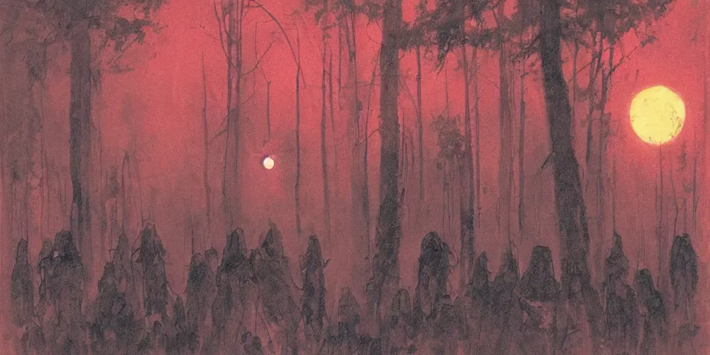 Image similar to forest mystical ceremony under the moon light, fireflies, ominous sky, by jeffrey catherine jones