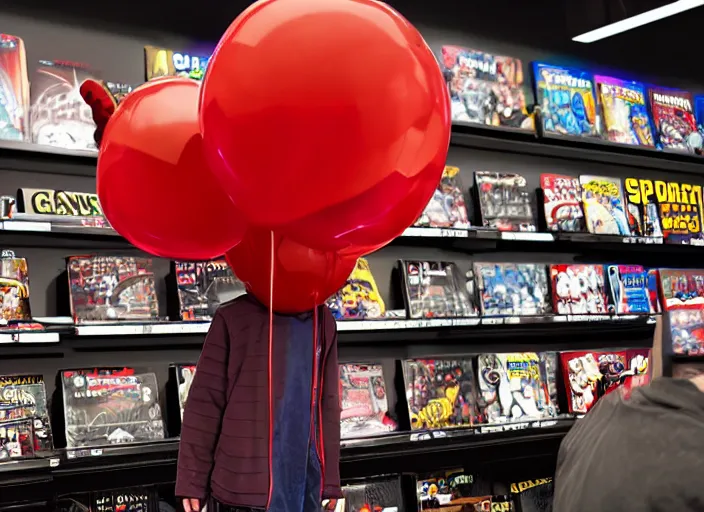 Prompt: giant pennywise seen shopping at gamestop, pennywise can be seen buying his game collection, amazing details, atmospheric, surrealism, 8 k, octane render, cold hue's, warm tone gradient background