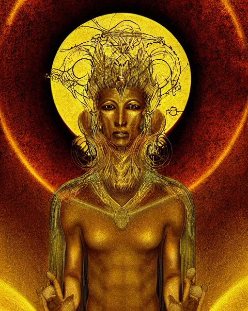 Image similar to the enigma god with a golden halo with forbidden knowledge by frank frazzetta