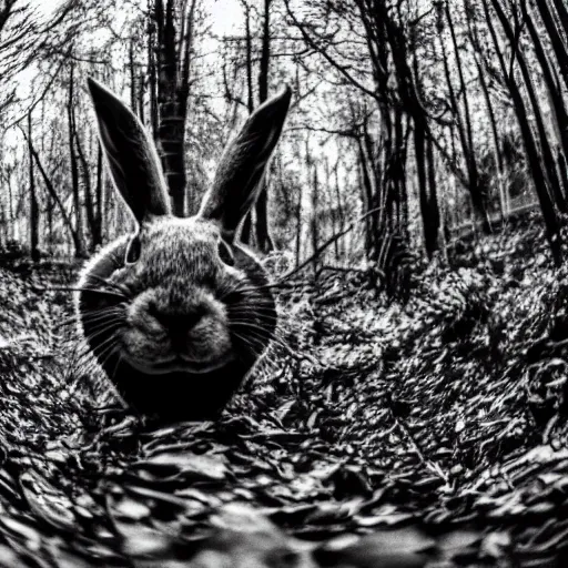 Prompt: fish eye footage of a death rabbit with human face in the forest, black and white night