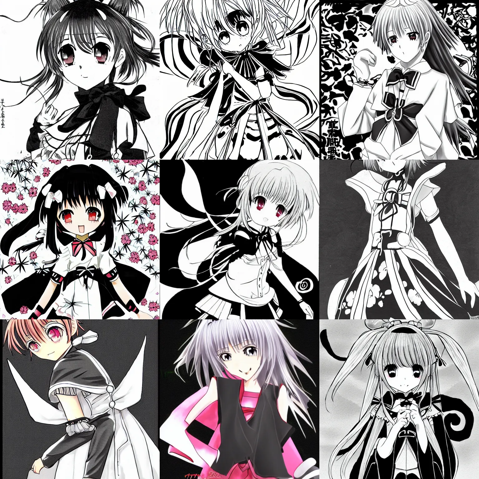 Prompt: sakura kinomoto, mysterious x, tsubasa chronicles, manga, clamp style, black and white, riichi ueshiba