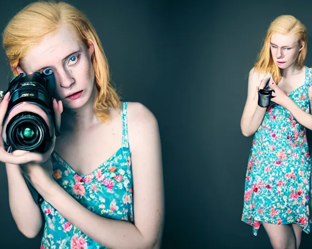 Prompt: pale young woman with bright blonde hair, freckles, blue eyes and a wide face, flowery dress, she is holding a professional dslr camera close to her face, dramatic lighting, bright flare, surreal art by anna nikonova