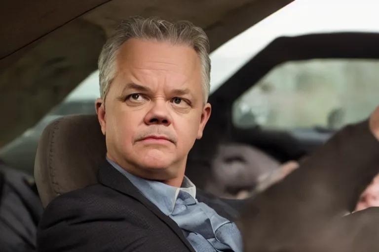 Prompt: tim robbins from the netflix show i think you should leave driving a coffin, movie still, 8 k, from the newest fast and furious movie