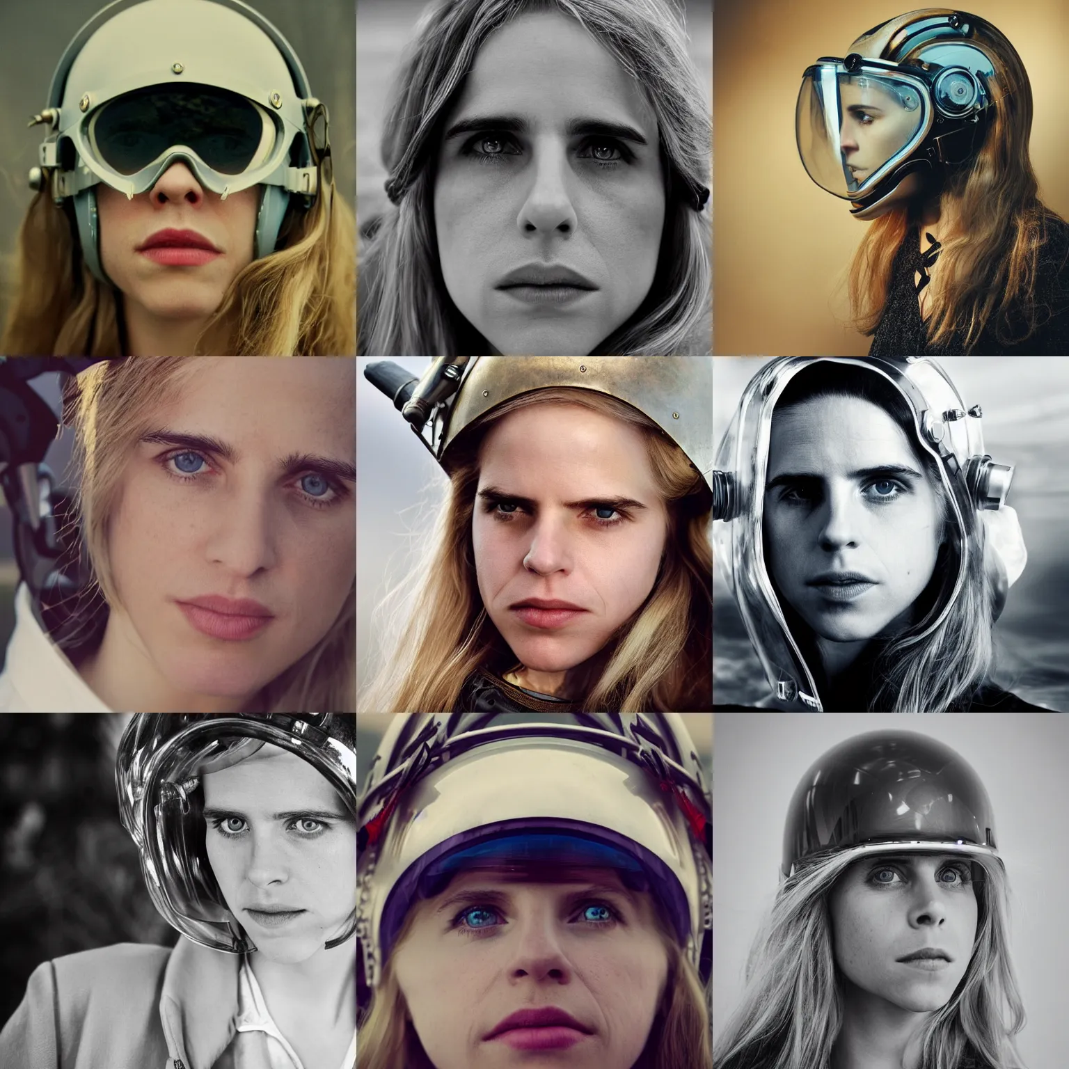 Prompt: beautiful extreme closeup portrait photo in style of frontiers in human near death molecular science fashion magazine deep diving retrofuturism helmet brit marling edition, highly detailed, focus on face, soft lighting