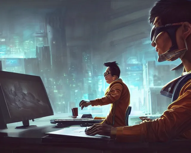 Image similar to an insanely detailed painting of a nerdy asian man wearing a superhero costume, sitting at a desk, staring at the nervously at the computer and typing, in the style of peter mohrbacher, dramatic lighting and composition, octane render, pixar, trending on artstation, concept art, comic book, view from behind