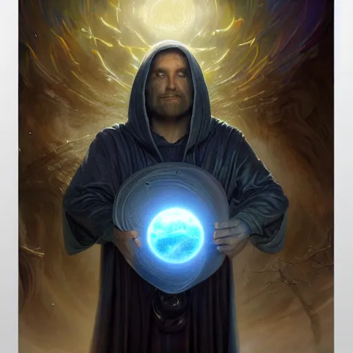 Image similar to the creator of worlds wearing a cloak and holding a holographic planet projection in his hand, detailed, sci - fi, digital painting, artstation, sharp focus, illustration, ominous, artgerm, tomasz alen kopera, peter mohrbacher, donato giancola, joseph christian leyendecker, wlop, frank frazetta