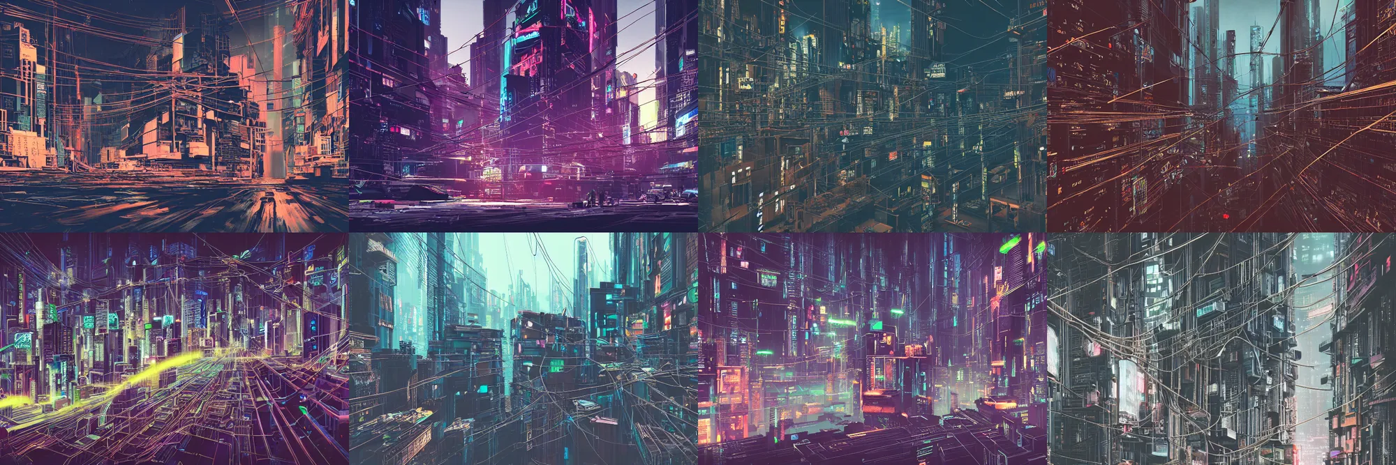 Prompt: an endless city of cyberpunk boxes and wires