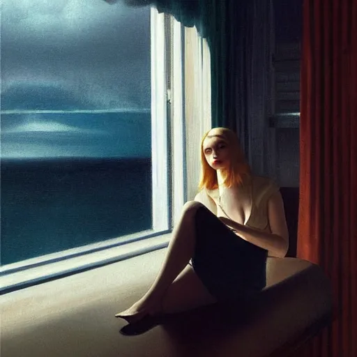 Image similar to Elle Fanning at night in the world of Edward Hopper, stormy weather, extremely detailed masterpiece, oil on canvas, low-key neon lighting, artstation, Blade Runner 2049, Roger Deakin’s cinematography, by J. C. Leyendecker and Norman Rockwell,