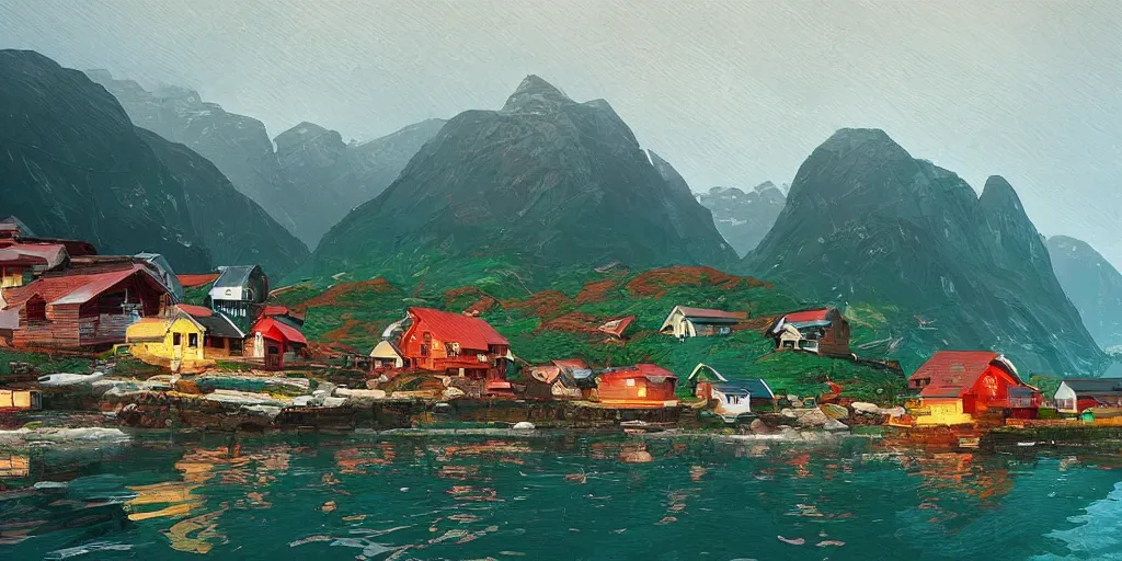 Image similar to a small fishing village nestled in the fjords of norway by alena aenami, petros afshar, colin campbell cooper speedart