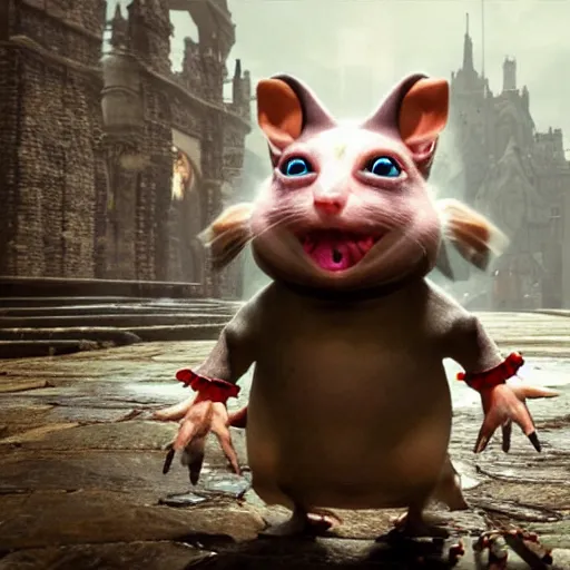 Prompt: stuart little as a monstrous dark souls boss, visually grotesque, unreal engine 2