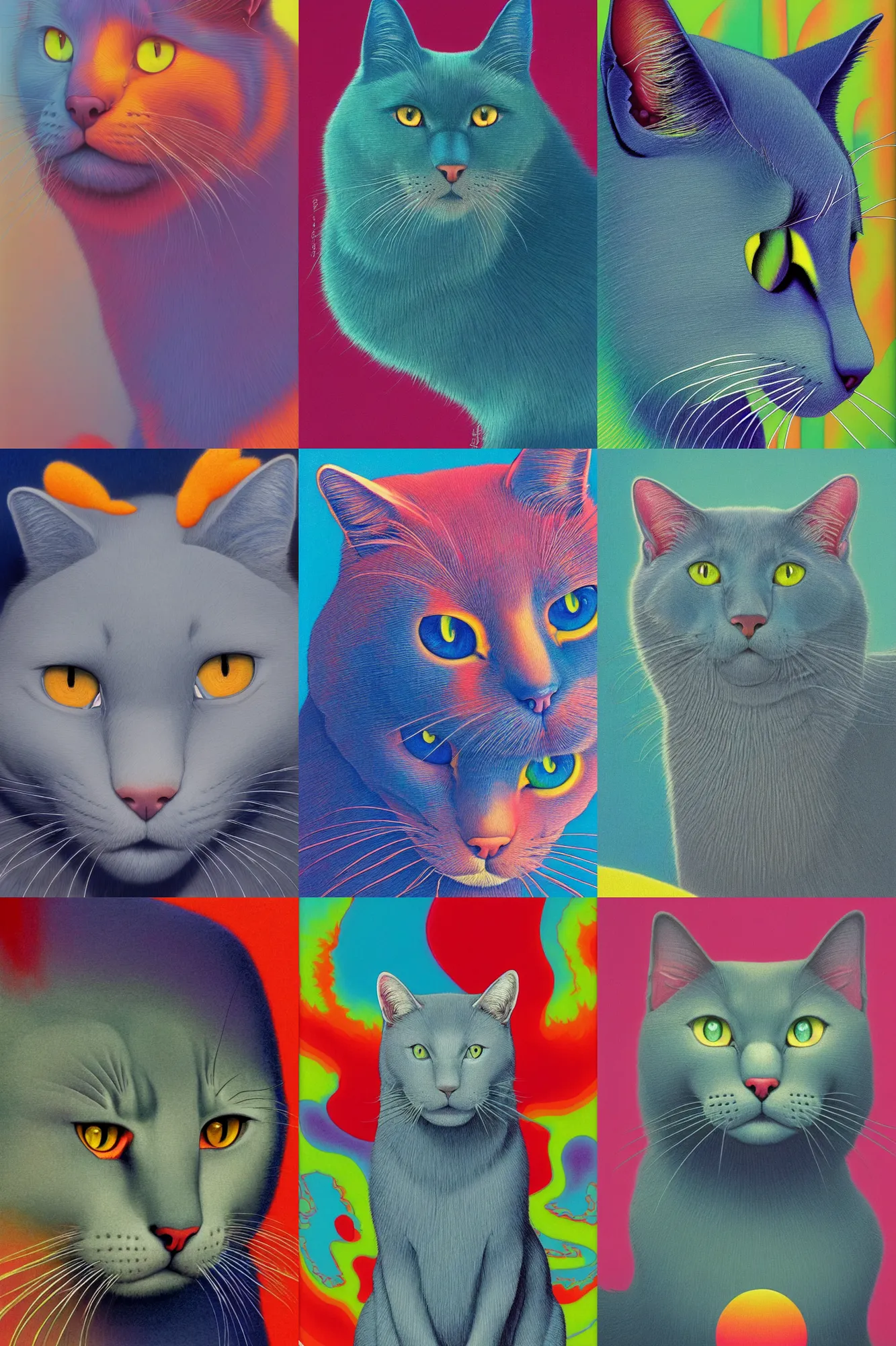 Prompt: a colorful vibrant closeup portrait of a russian blue cat with a calm aesthetic face and dreaming psychedelic fur, by kawase hasui, moebius, edward hopper and james gilleard, zdzislaw beksinski, steven outram colorful flat surreal design, hd, 8 k, artstation