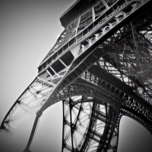 Image similar to a huge figure dehind the Eiffel tower, taken fron the ground, foggy weather, scary, dark, High resolution, creepy