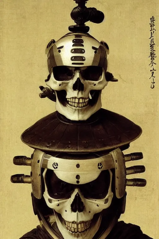 Image similar to portrait of a skull man japanse samurai astronaut with samurai helmets, by bouguereau