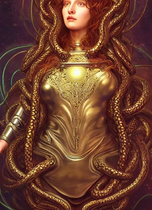 Image similar to pre-raphaelite ultradetailed ornate sci-fi RPG illustration of a beautiful symmetric Medusa radiating a glowing aura wearing a cyberpunk armor with decorum, digital airbrush painting, 3d rim light, hyperrealistic masterpiece, artstation, cgsociety, kodakchrome