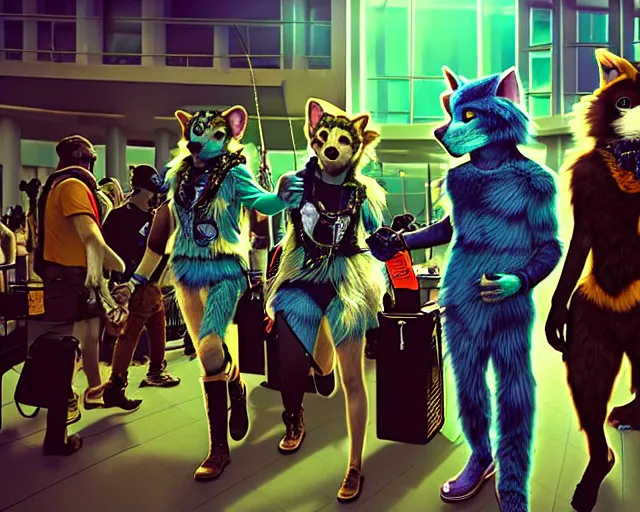 Image similar to high - resolution photograph from a raypunk era furry fandom convention ( midwest furfest 2 0 4 7 ), taking place after the genetic revolution and singularity. photorealistic.