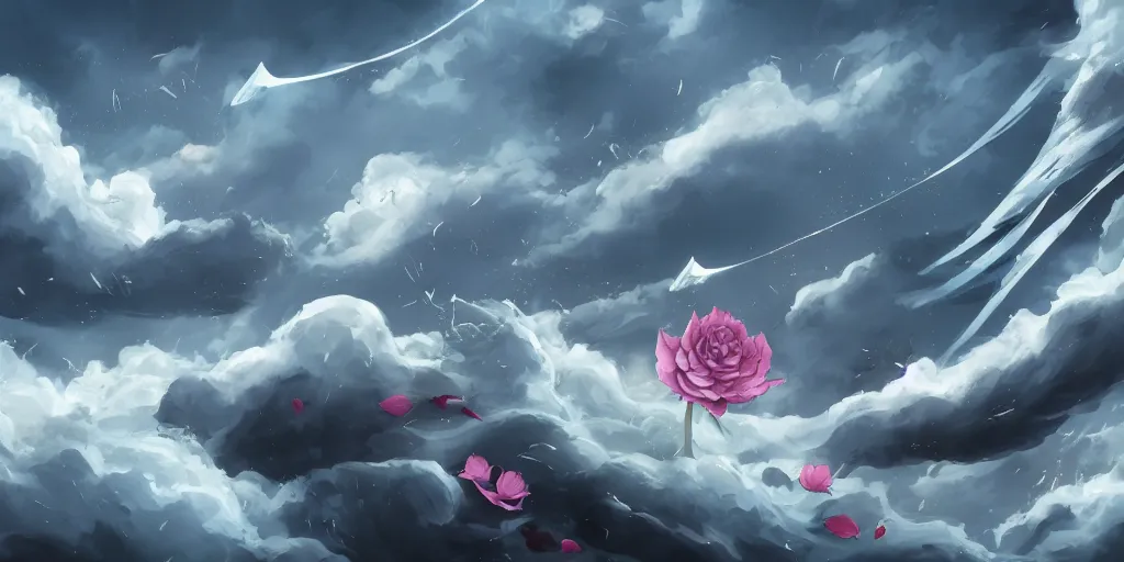 Image similar to background art of flying longswords flowing through the slicing through directional wind on a simple cloudy sky background featuring an enormous tsunami, big puffy clouds, sharp rain, large rose petals, lotus petals, large polygonal background elements, large polygons, dramatic anime, dramatic lighting, artgerm, manga, trending on artstation, art nouveau, mature colors