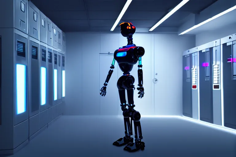 Prompt: full body robot with human mask, background is data server room, neon and dark, illumination ray tracing hdr render in unreal engine 5