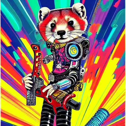 Prompt: very beautiful maximalist portrait painting of a weasel with a chainsaw in a blend of manga - style art, augmented with vibrant composition and color, all filtered through a cybernetic lens, by hiroyuki mitsume - takahashi, pastel colors