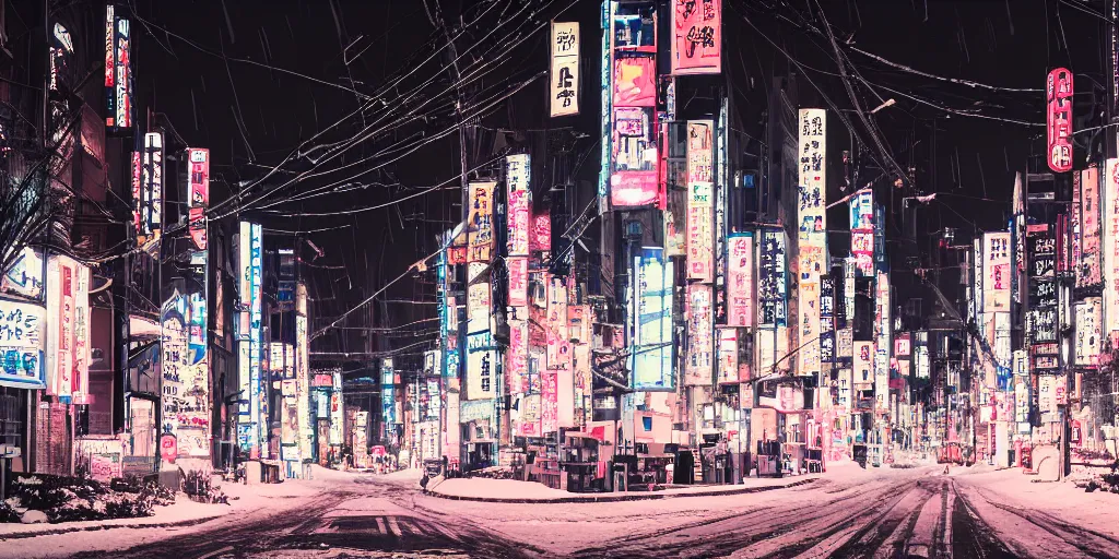 Prompt: a city street at night, snowing, photograph, cyberpunk, sharp focus, intricate detail, drone shot, high resolution, 8k, neon streetlights, wires hanging down everywhere, Japan, colourful, streets filled with cats