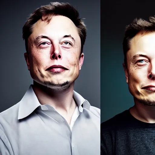 Image similar to A portrait photo of Elon Musk teams up with a teenage Elon Musk, perfect faces, 50 mm, award winning photography