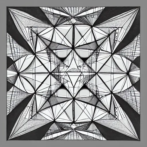 Image similar to realistic drawing of the pyramid at dawn, by maurits cornelis escher, explorations of infinity, reflection, symmetry, perspective, truncated and stellated polyhedra, hyperbolic geometry, tessellations