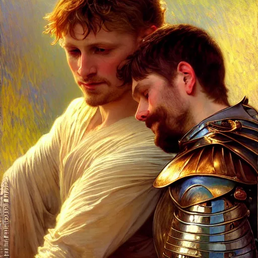 Image similar to attractive arthur pendragon and his attractive male knight, they are in love, natural lighting, path traced, highly detailed, high quality, digital painting, by gaston bussiere, craig mullins, alphonse mucha j. c. leyendecker