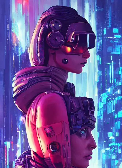 Image similar to cyberpunk female space pilot character ( blade runner 2 0 4 9, dystopian, cyberpunk 2 0 7 7 character design ). attractive face. portrait by james gurney and laurie greasley and yoji shinkawa, oil on canvas. cinematic composition, hyper realism, realistic proportions, anatomy, dramatic lighting, photorealistic, high detail, 4 k