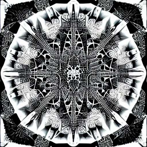 Prompt: an infinite fractal kaleidoscope, micron pen drawing, black ink, by charles burns, mandelbrot