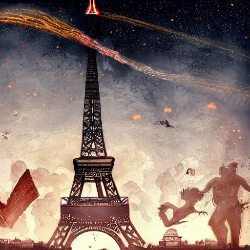 Image similar to the eifel tower gets hit by an asteroid, multiple asteroids are in the air, paris in the background is burning, apocalyptic, highly detailed, 4 k, digital paintin, sharp focus, tending on artstation