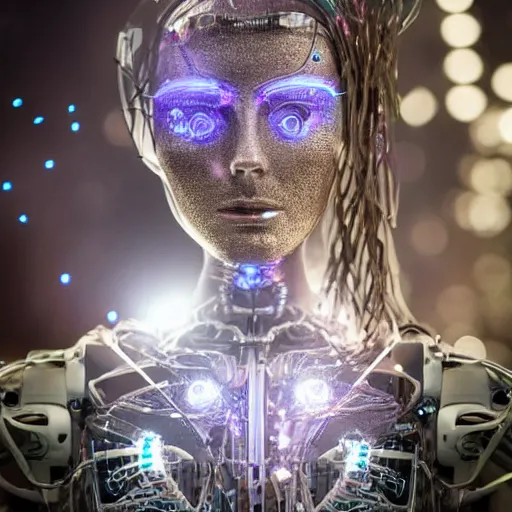 Prompt: beautiful centered Fine art photo portrait of Angelica Bella as a solarpunk robotic humanoid, crystal mechanical parts with lights, photorealistic, white background, highly detailed and intricate, outdoor lighting, HDR 8k
