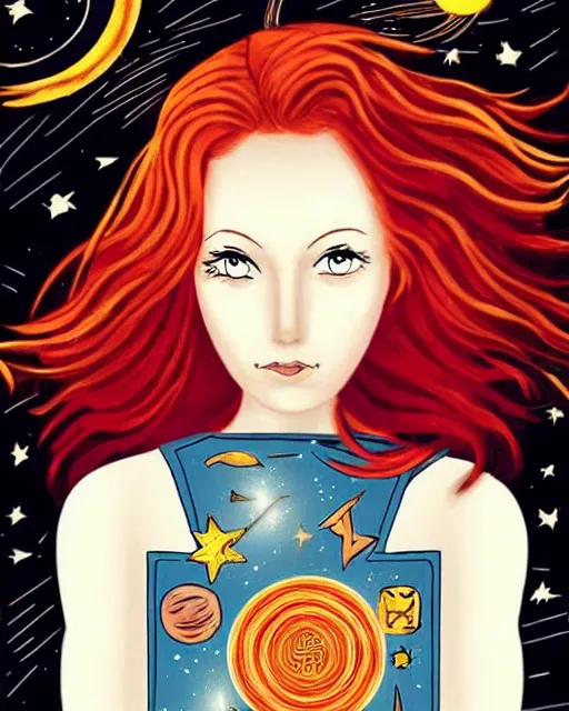 Image similar to tarot card of space astral girl, red hair, ginger hair, fantasy, glowing skin, smooth face, perfect eyes