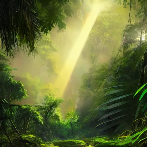 Image similar to jungle, explorers, mist, god rays, concept art, artstation