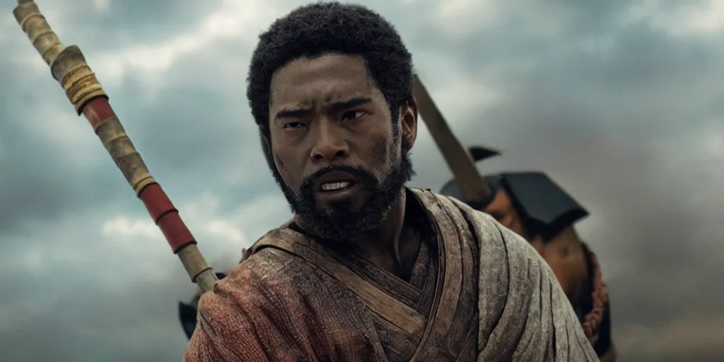 Image similar to a film still of a black man starring in a japanese blockbuster film as san ancient samurai, shallow depth of field, cinematic, award winning cgi, vfx, film still