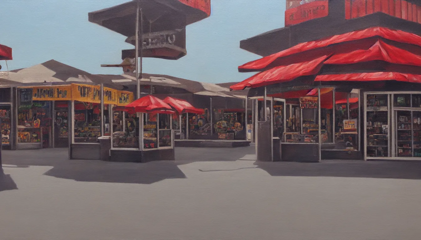 Prompt: oil painting of empty outside town fair, counters, no people, sad, melancholic, depressing, very detailed, emotional, 4 k