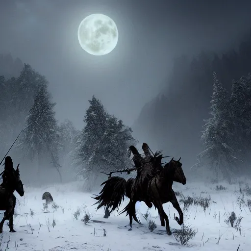 Image similar to the wild hunt, wraiths riding in the sky, spectres, mythical creatures in undead nightmare, bad omen, aflutter enchanted forest, dauntless witchers pursuing, blizzard storm, fog, full moon, snowy environment, hyperrealism, atmospheric, cinematic, breathtaking, award winning, groundbreaking, octane render, unreal 5, intricate digital art, 8 k