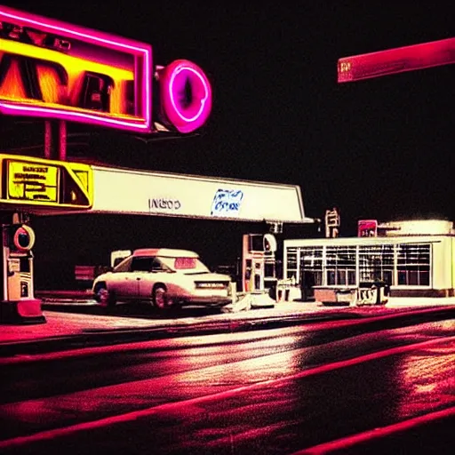 Image similar to “gas station photography, neon, heavy rain, cars, cyberpunk, various subjects, 8k, high detail, digital photography, in the style of William eggleston”