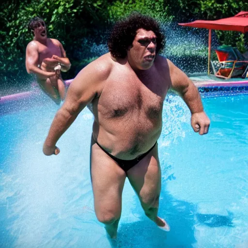 Image similar to andre the giant wearing a speedo and a sequin vest jumping in the pool from the movie my pool party, movie still, 8 k, realistic