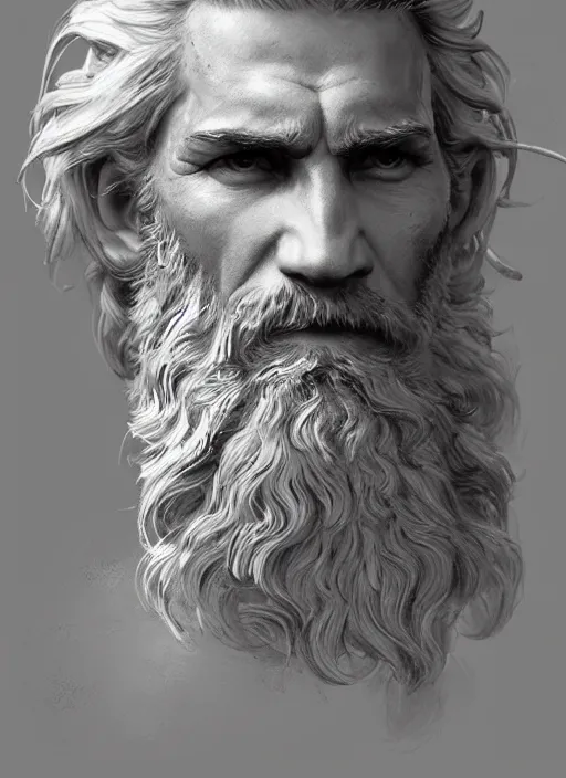 Image similar to painted portrait of rugged zeus, greek god, white hair, masculine, mature, handsome, upper body, muscular, hairy torso, fantasy, intricate, elegant, highly detailed, digital painting, artstation, concept art, smooth, sharp focus, illustration, art by gaston bussiere and craig mullins