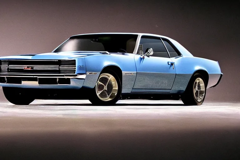 Image similar to designed by john delorean stylized poser of a single 1 9 6 7 chevrolet impala! 2 0 1 3 chevrolet camaro ss!!!! ( delorean ), large led lights, ektachrome photograph, volumetric lighting, f 8 aperture, cinematic eastman 5 3 8 4 film