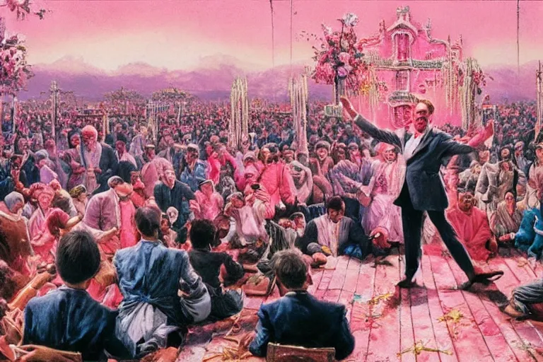 Prompt: a picture of a happy salesman at a alter speaking to a crowd of kneeling worshipers in pink, a detailed matte painting by mort kunstler, pixiv, kitsch movement, hellish background, movie poster, official art