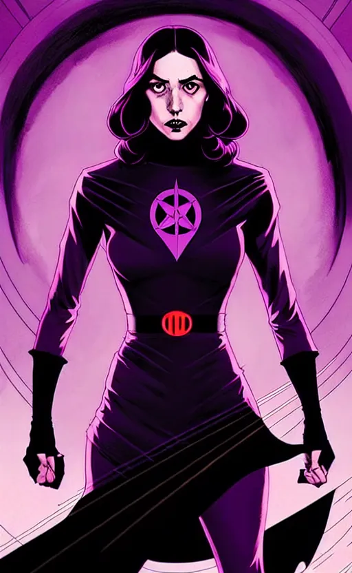 Prompt: rafael albuquerque comic cover art, artgerm, joshua middleton, pretty stella maeve witch doing black magic, serious look, purple dress, symmetrical eyes, symmetrical face, long black hair, full body, werewolf behind eva, twisted evil dark forest in the background, cool colors