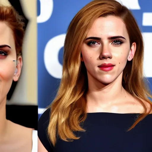 Image similar to a woman who is a genetic combination of scarlett johansson and emma watson face and upper - body focus