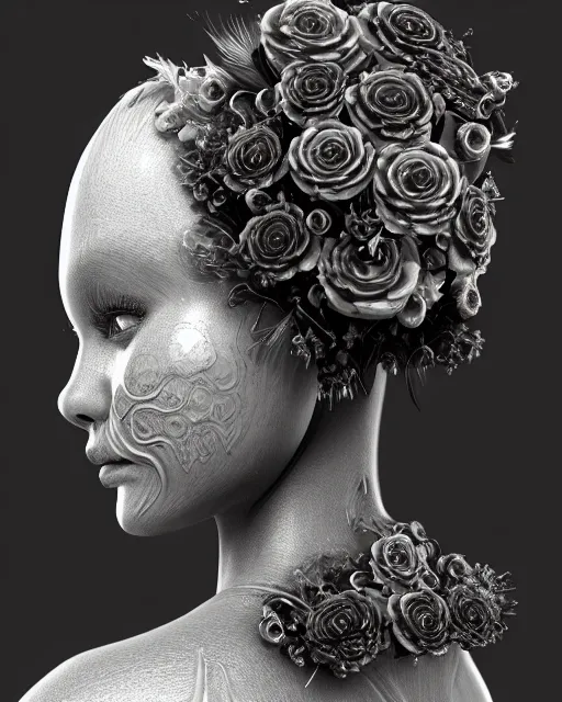 Image similar to mythical dreamy black and white organic bio - mechanical spinal ribbed profile face portrait detail of translucent steampunk beautiful female angelic - human - queen - vegetal - cyborg, highly detailed, intricate crystal ivy jelly ornate, poetic, translucent roses ornate, 3 d render, digital art, octane render, 8 k artistic photography, photo - realistic, by dora maar