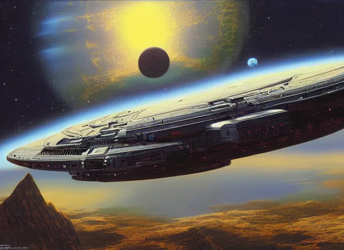 Image similar to a spaceship in a stunning landscape by peter elson