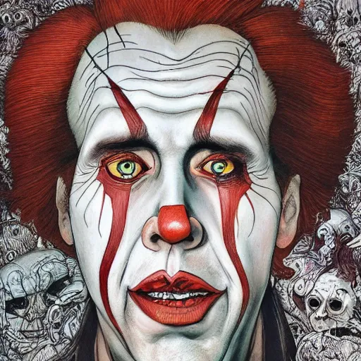 Image similar to Nicolas Cage as Pennywise from IT portrait painted in Frank frazzeta style drawn by Vania Zouravliov and Takato Yamamoto, inspired by Fables, intricate acrylic gouache painting, high detail, sharp high detail, manga and anime 2000