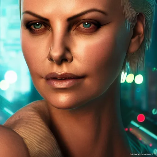 Image similar to charlize theron portrait, cyberpunk 2 0 7 7, cyberpunk judy alvarez, photorealistic, ultra detailed, neon, octane, bokeh, cinematic lighting, cyber, cyberpunk city, studio quality, feature, scars, cyberface, 8 k